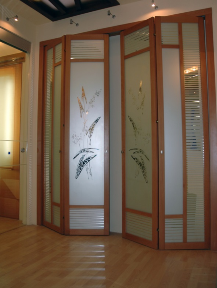 Широкие двери гармошка с матовым стеклом и рисунком Михайловка